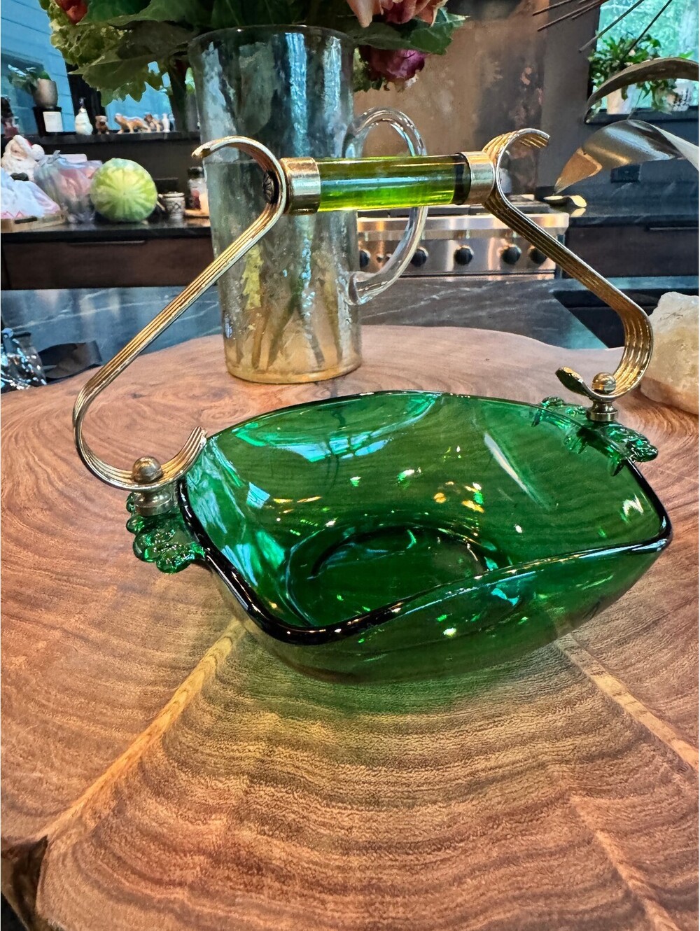 Vintage Art Deco Paden City "Emerald Glo" Glass Basket Candy Dish